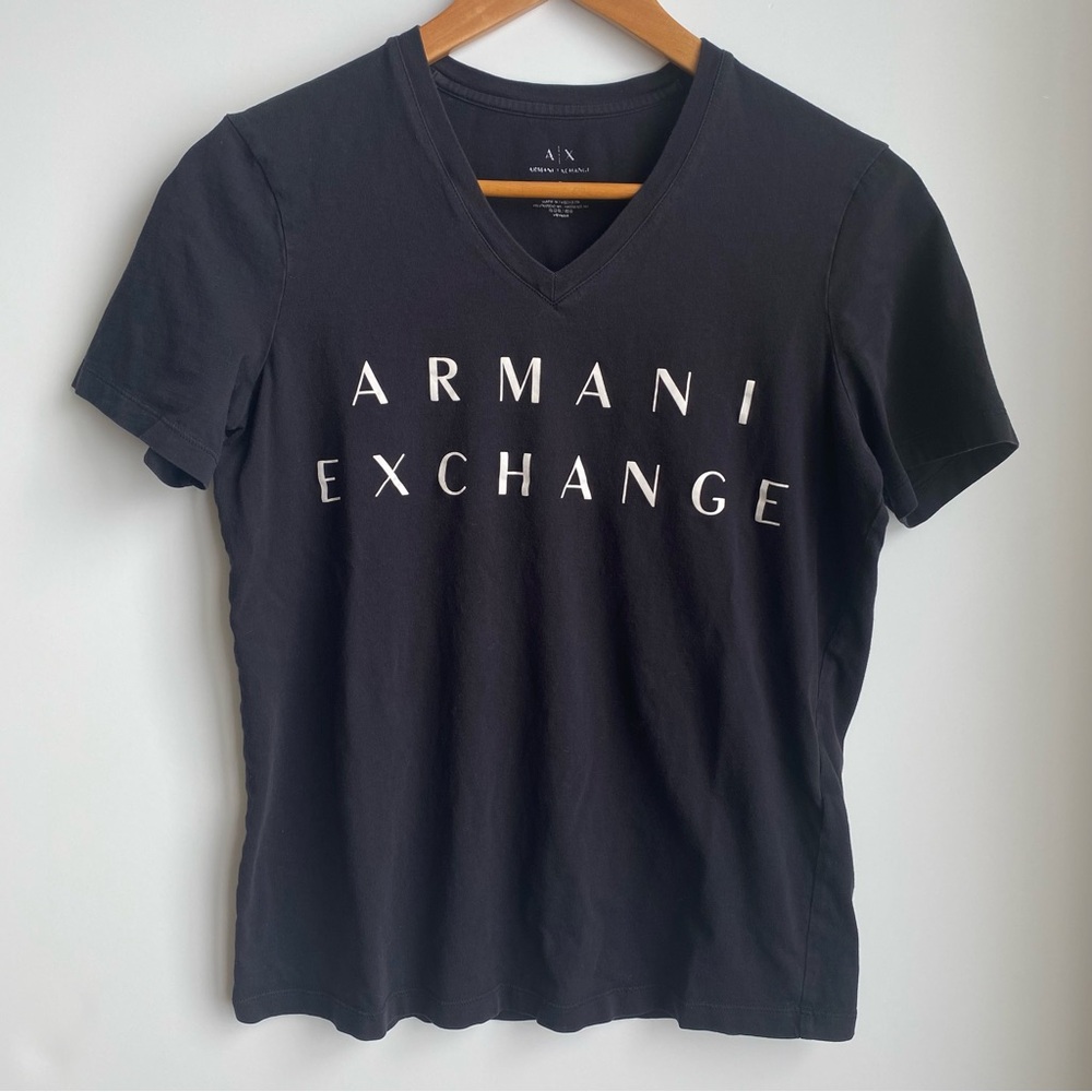 Armani Exchange V-Neck Cotton Short Sleeve T-Shirt Womens Small Spell Out Logo
